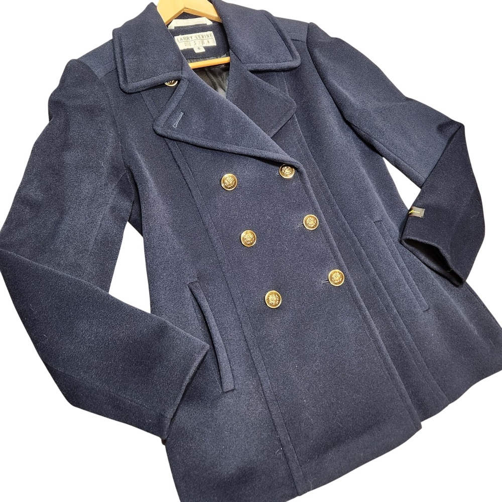 Y2K Military Preppy Navy Blue‎ Wool Cashmere Double Breasted Pea Coat S 6 Gold